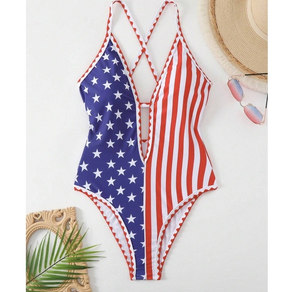 4th of July Festive Stars Stripes Criss Cross one Piece Monokini Swimsuit - Picture 6 of 7